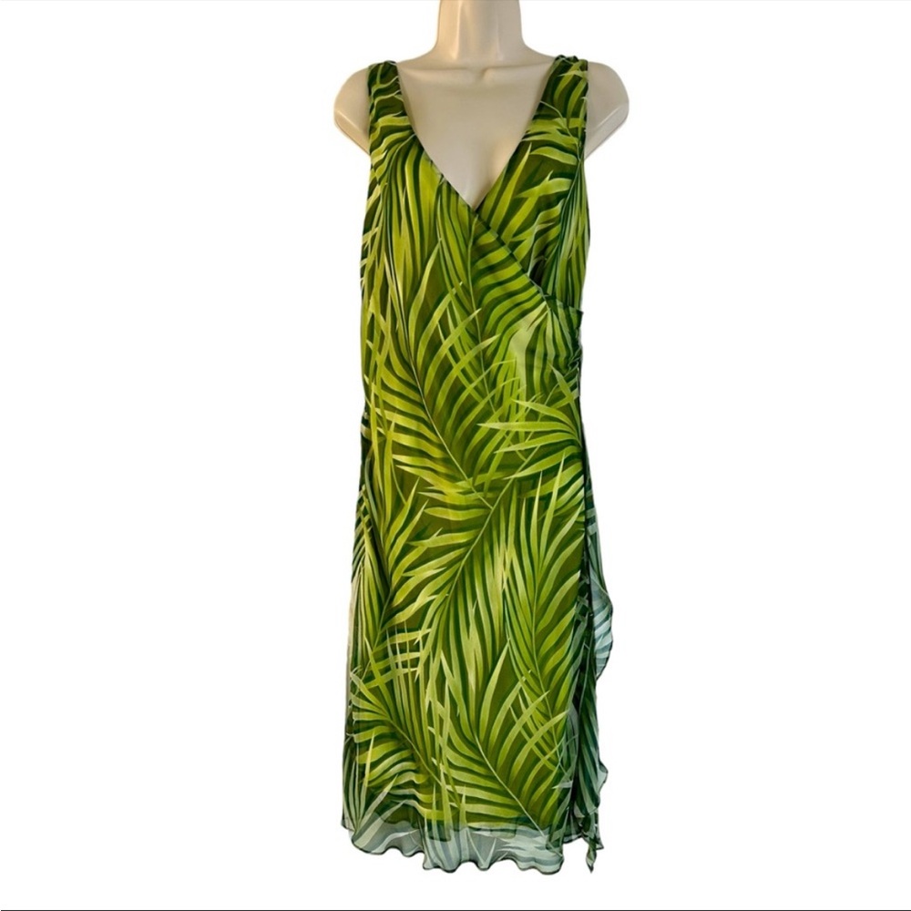 Fiori Di Zucca 100% Silk Tropical Midi Dress Women’s 14 Green Palm Leaf Design